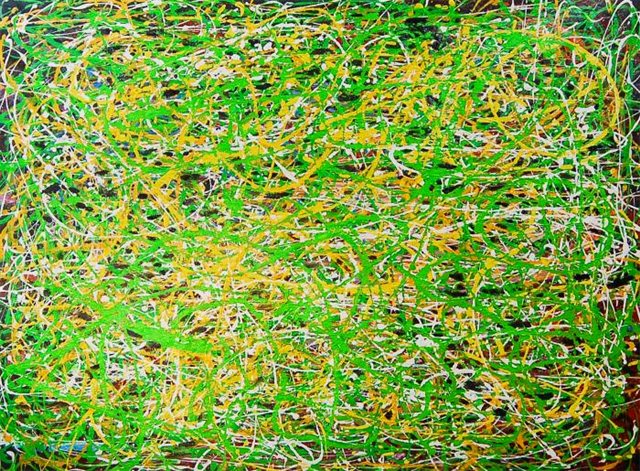 Abstract schilderij met vele groene lijnen