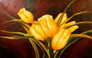 Schilderij van een bos gele met oranje tulpen