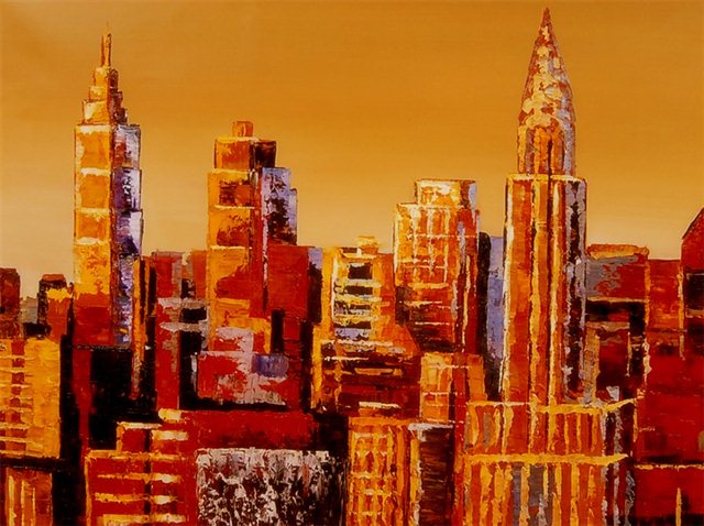 Schilderij van een abstracte bruine skyline
