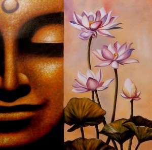 Schilderij van een buddha en orchideeen