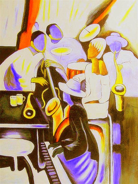 Schilderij van een kleurrijke jazzband
