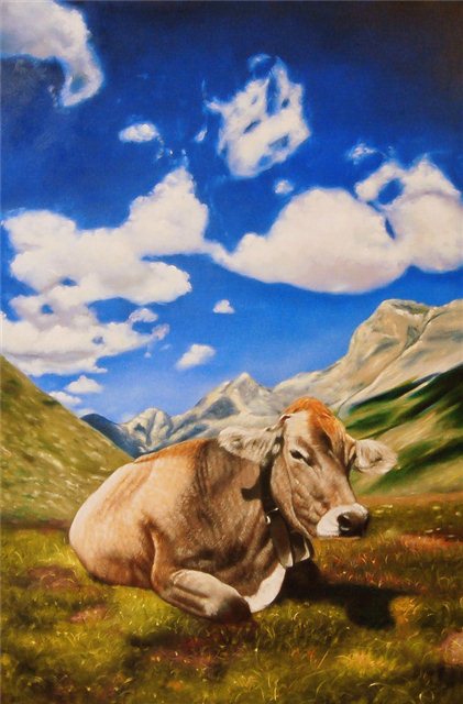 Schilderij van een milka koe in de bergen