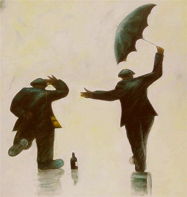 Schilderij van twee mannen met paraplu in de regen