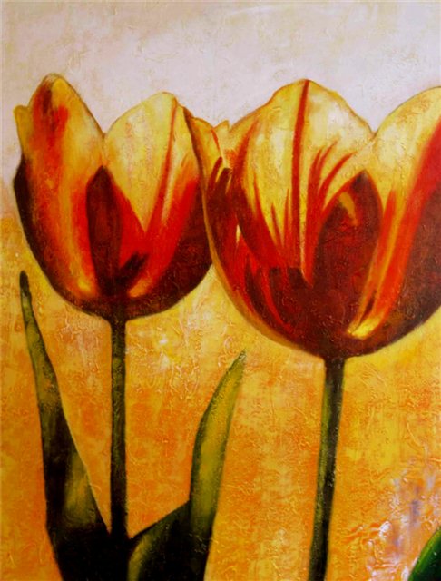 Schilderij van twee oranje tulpen