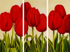 Schilderij van een veldje met rode tulpen