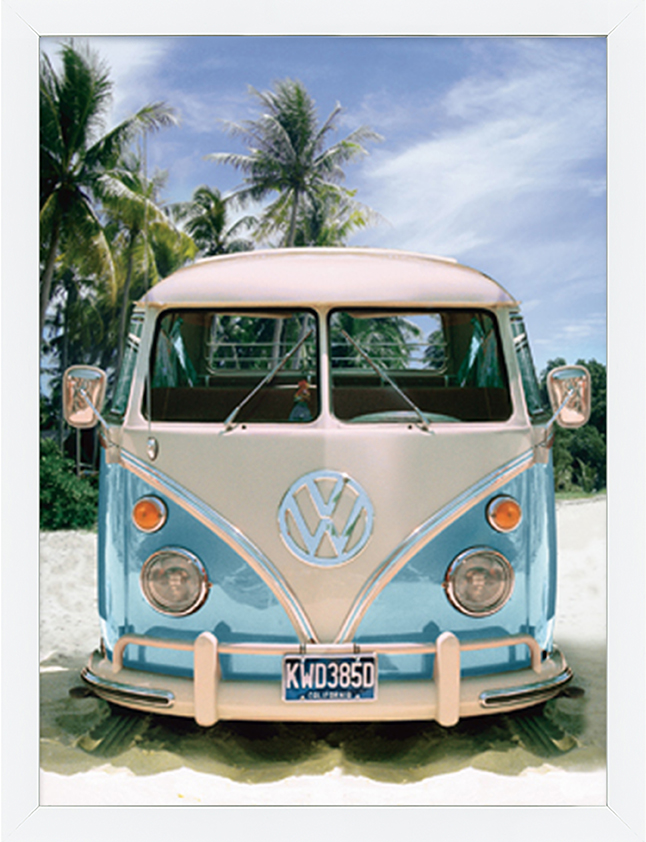 poster "VW Busje frontaal" van Mondiart te koop @ Deze foto achter glas is een modern kunstwerk dat direct op te hangen is.