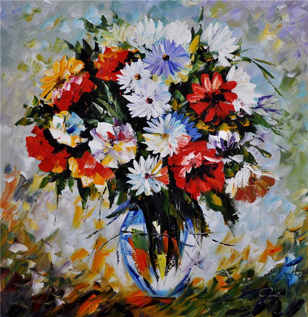 Paletschilderij van een kleurrijke vaas bloemen
