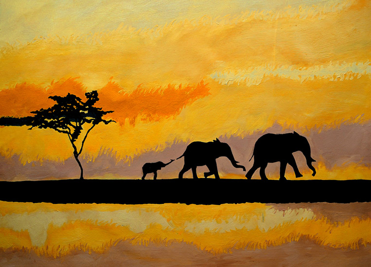 Schilderij van drie olifanten