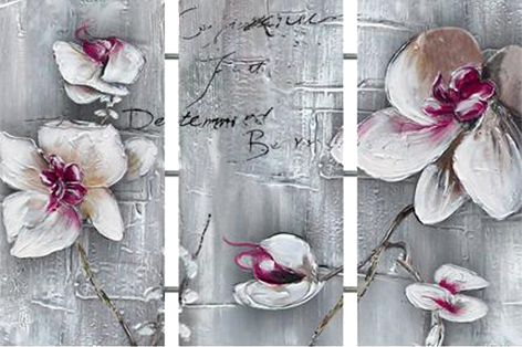Schilderij "Drieluik orchideeën" te koop Betaalbarekunst.nl. Dit schilderij is handgeschilderd, opgespannen en op op te hangen.