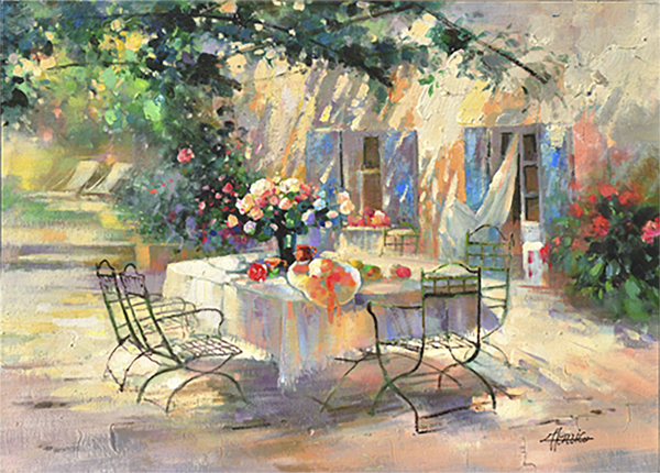Schilderij van een romantische tuintafel
