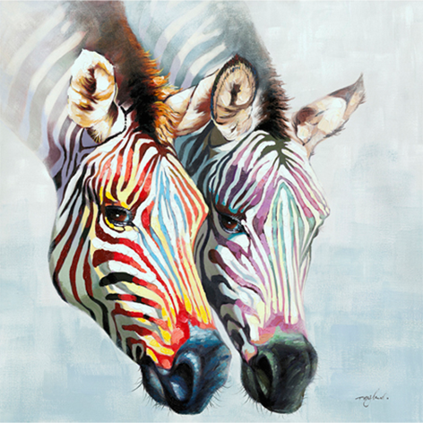 Schilderij van twee kleurrijke zebra's