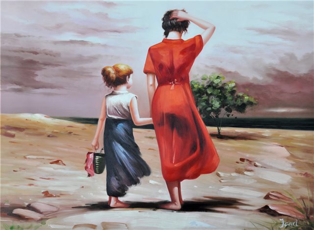 Schilderij van een duinwandeling moeder en dochter