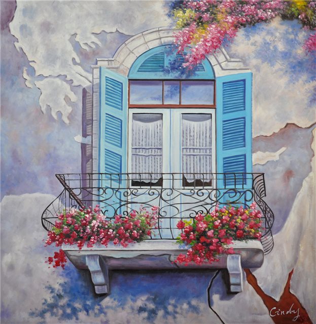 Schilderij van een klassiek balkon