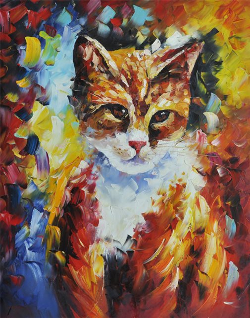 Begraafplaats leerboek Vaardigheid Schilderij "Kleurrijke poes" te koop @ Betaalbarekunst.nl. Dit schilderij  is handgeschilderd, opgespannen en klaar op op te hangen.