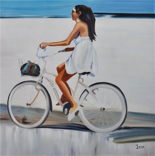 Schilderij van een meisje dat over de boulevard de fietst