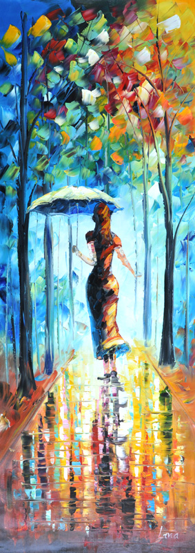 Schilderij van een vrouw wandelend op een regenachtige zomerdag