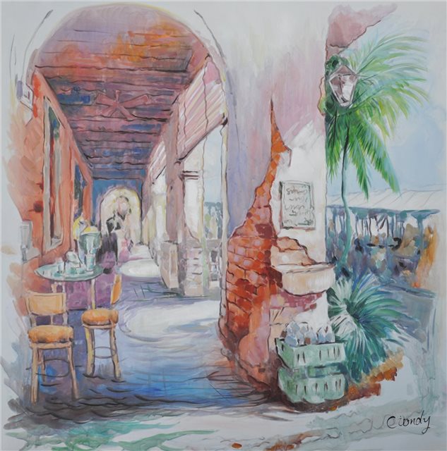 Schilderij van een veranda op Mallorca