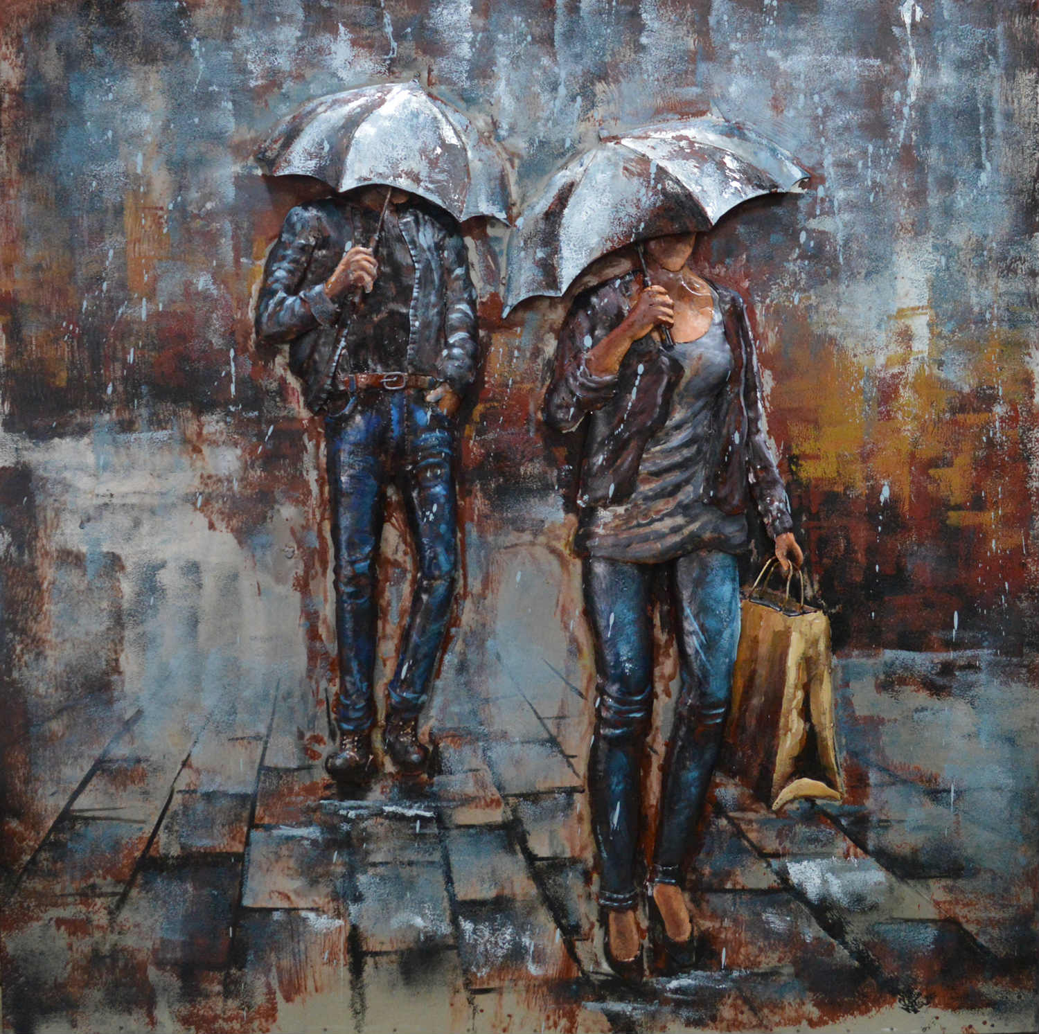 Metalen schilderij "Mensen met paraplu" te koop @ Betaalbarekunst.nl. De geverfde metalen onderdelen schilderij veel diepte en