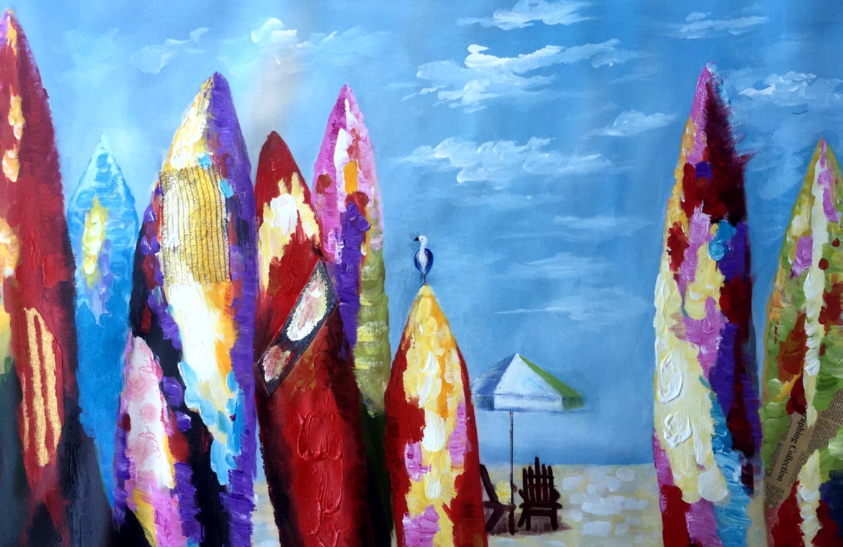 schilderij kleurrijke surfplanken aan zee