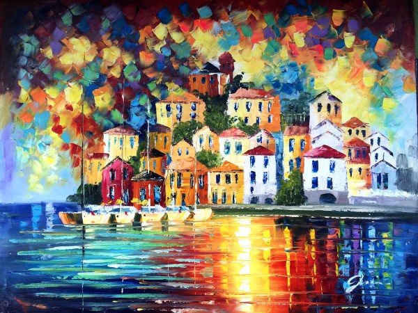 Palet schilderij kleurrijke huisjes aan zee