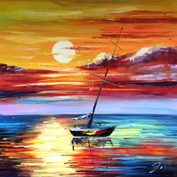 palet schilderij bootje op kleurrijke zee