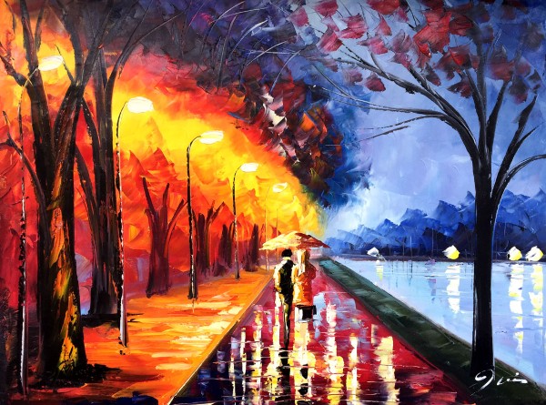 Schilderij "Kleurrijke wandeling langs het water" te koop @ Betaalbarekunst.nl. Dit schilderij is handgeschilderd, en klaar op op te hangen.