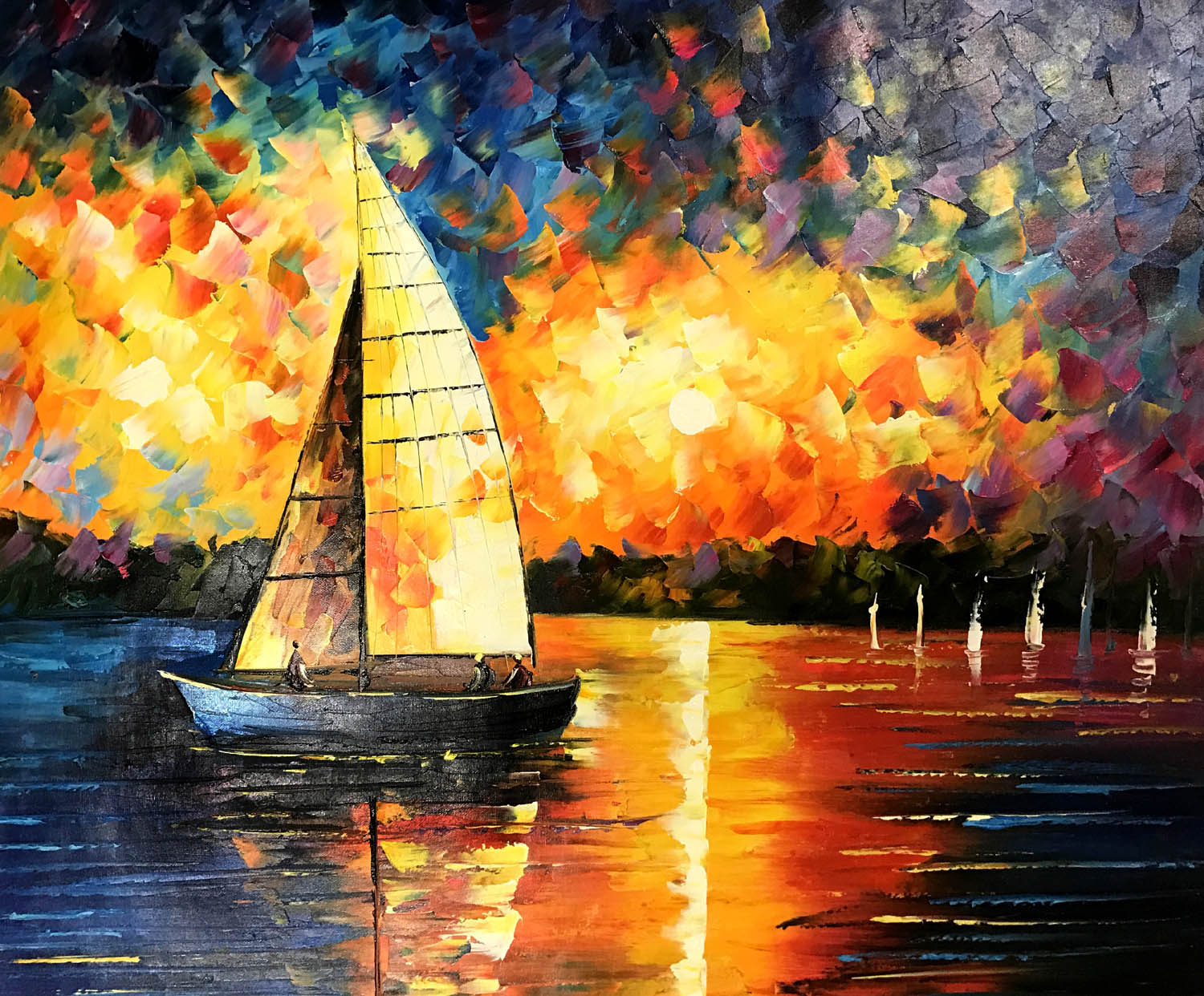 Geleerde het internet Vel Schilderij "Kleurrijke zeilboot" te koop @ Betaalbarekunst.nl. Dit  schilderij is handgeschilderd, opgespannen en klaar op op te hangen.