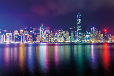 Colorful Hong Kong by night Stad Water Wolkenkrabbers Skyline