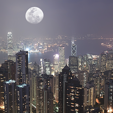 Full moon above the city of Hong Kong Volle Maan Stad Wolkenkrabbers Skyline