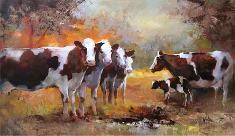 Nieuwe betekenis Kent lezing Schilderij "Vijf koeien en een kalf" te koop @ Betaalbarekunst.nl. Dit  schilderij is handgeschilderd, opgespannen en klaar op op te hangen.