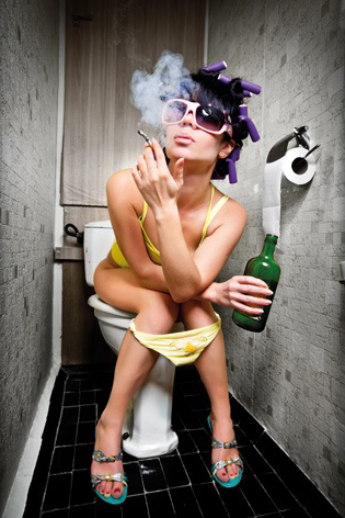 smoking and drinking girl on toilet