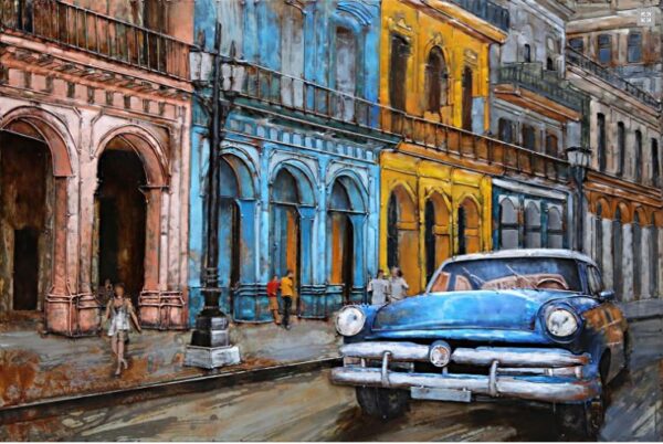 Metalen schilderij Driving on the streets of Cuba