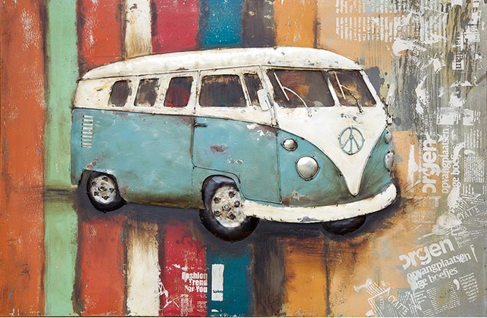 Specialist onderbreken credit Metalen schilderij "Volkswagen busje" te koop @ Betaalbarekunst.nl. De  geverfde metalen onderdelen geven dit schilderij veel diepte en kleur.