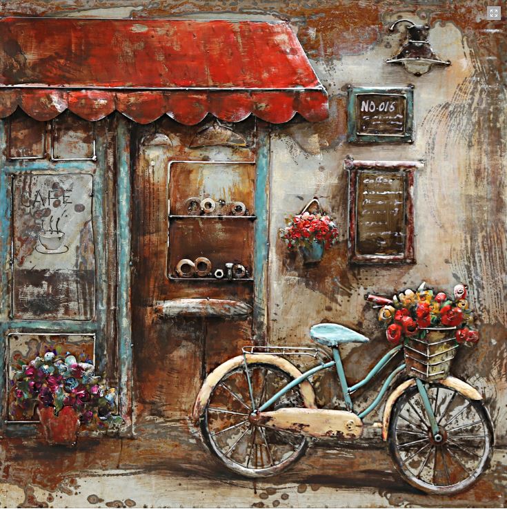 Puur hulp in de huishouding koken Metalen schilderij "Met de fiets bij de koffie shop" te koop @  Betaalbarekunst.nl. De geverfde metalen onderdelen geven dit schilderij  veel diepte en kleur.