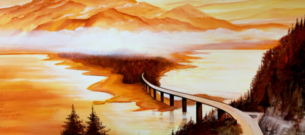 schilderij een brug te ver met bergen oranje wit bruin