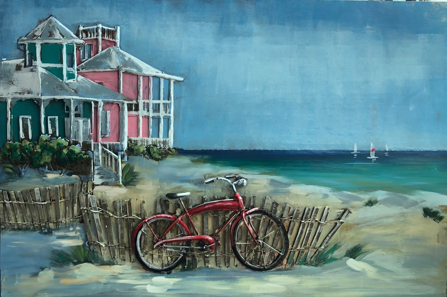 Beleefd Schots Intimidatie Metalen schilderij "Red Bike by the Beach House" te koop @  Betaalbarekunst.nl. De geverfde metalen onderdelen geven dit schilderij  veel diepte en kleur.