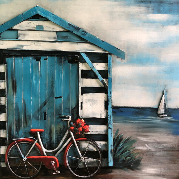 Metalen schilderij Red Bike by the Sea Fiets Huis Zeilboot GS-vierkant-643
