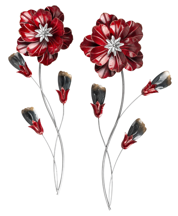 Moskee Vergoeding kleuring Metalen wanddecoratie “Twin Red Flowers” te koop @ Betaalbarekunst.nl.  Speels en vrolijk metalen kunstwerk voor aan de muur.