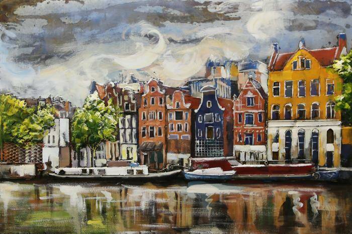 aansluiten wijk oorlog Metalen schilderij "Grachtenpanden Amsterdam" te koop @ Betaalbarekunst.nl.  De geverfde metalen onderdelen geven dit schilderij veel diepte en kleur.