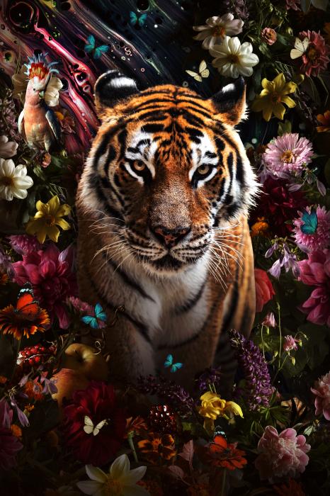 litteken mezelf thema Glasschilderij "Tiger between the Flowers" - Betaalbarekunst.nl